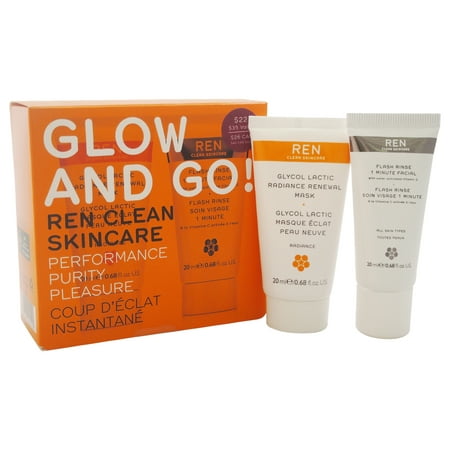 REN Glow and Go! 0.68oz Flash Rinse 1 Minute Facial, 0.68oz Glycol Lactic Radiance Renawal Mask - 2 Pc