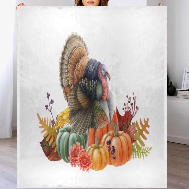 Manta para sofá de 50 x 60 pulgadas, suave y acogedora manta de franela polar con diseño de calabaza y pavo de acuarela, personalizada, ligera, cálida y difusa, para cama, sofá y silla