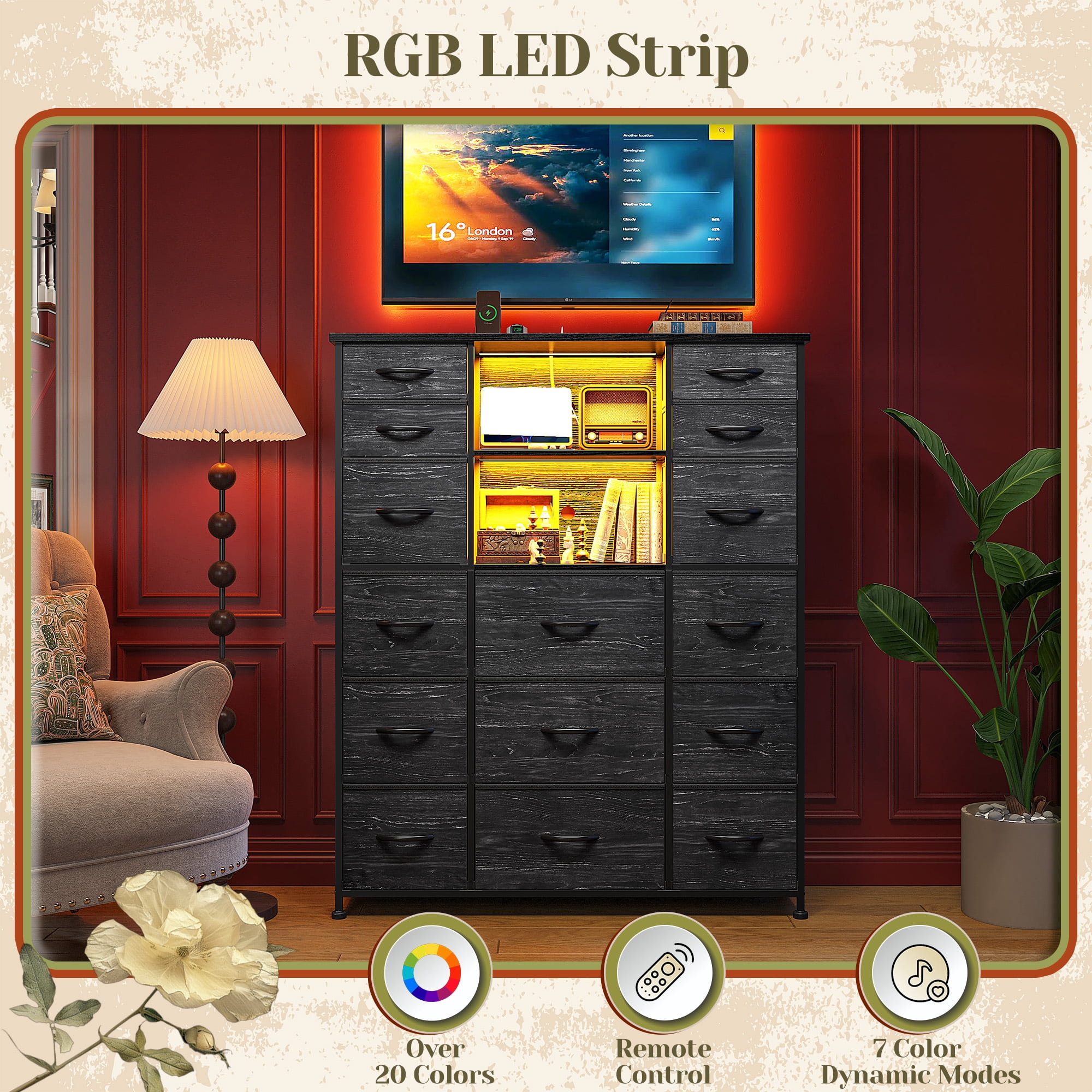 Romorgniz 51" H Dresser with 15 Fabric Drawers Tall Dresser for Bedroom with Charging Station & LED Lights, Black