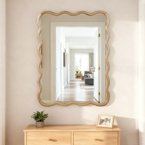 Natural Wood Wavy Frame Wall Mirror Distortion-Free Reflection for Bedroom Bathroom Living Room Entryway Decor