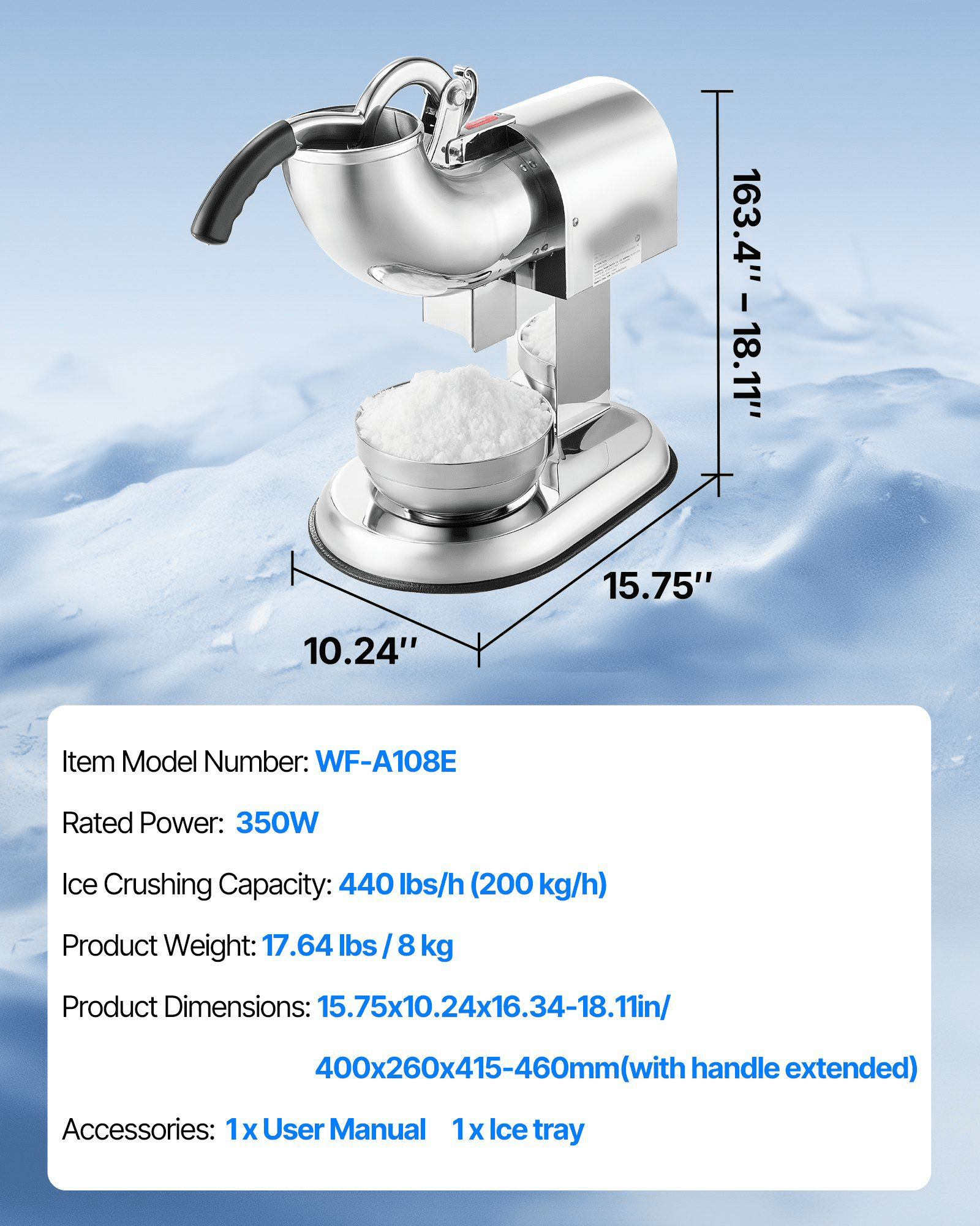 Electric Snow Cone Maker - 440LBS/H Commercial Ice Crusher - Stainless Steel Shaved Ice Machine with Large Capacity - For Home, Events, Concessions