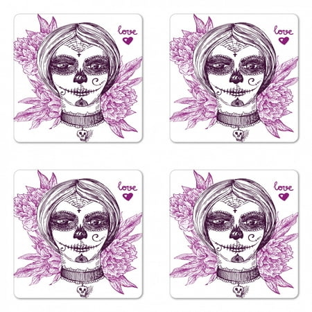 

Day of the Dead Coaster Set of 4 Illustration Gothic Vampire Like Face Skull Flowers Image Square Hardboard Gloss Coasters Standard Size Violet Purple and White by Ambesonne