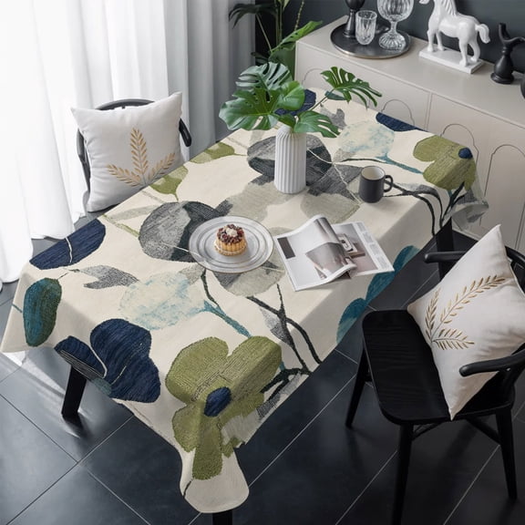 Navy Blue Green Floral Table Cloth Waterproof Tablecloths, Vintage Botanical Leaves Tablecloth Dining Table Cover for Kitchen Party Tabletop Outdoor, Rectangle Tablecloth 60x120 Inch