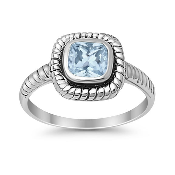 Princess Cut Oxidized Design Aquamarine CZ Ring 925 Sterling Silver Size 4