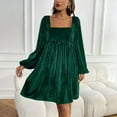 thumbnail image 3 of FRSASU Women's Square Neck Lantern Long Sleeve Temperament Velvet Dress Split Ruched Party Knee Length Midi Dresses Green, 3 of 9