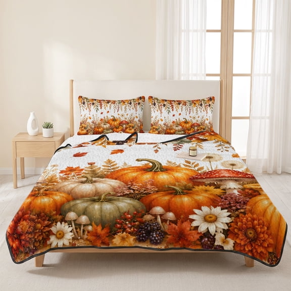 3 Pieces Queen Quilt Set,Thanksgiving Pumpkin Mushroom Soft Bedding Sets with 1 Quilt & 2 Pillow Shams,Fall Pastoral Maple Leaf Flower Summer Bedspread Lightweight Coverlet Comforter for All Season