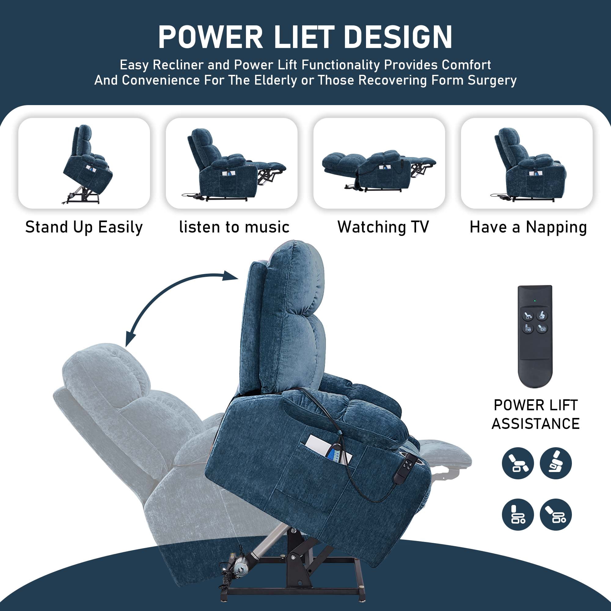Momspeace Power Lift Recliner Chair Recliners for Elderly with Heat and Massage Recliner Chair for Living Room - Blue