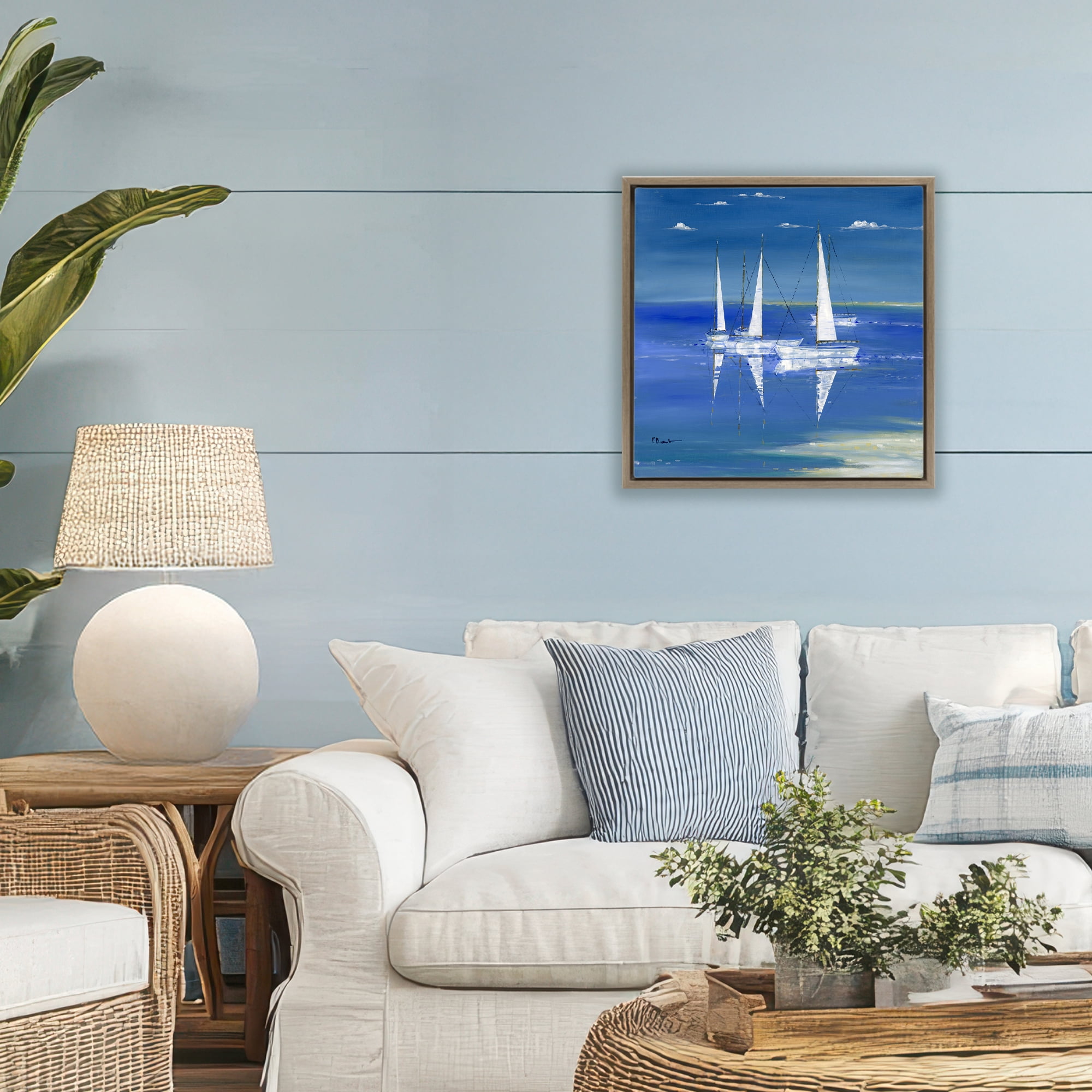 Stupell Industries Serenity Sailboats Reflected on Water Brown Framed Floater Canvas Wall Art, design by Paul Brent