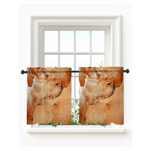 Marble Burnt Orange Tier Curtains 24 Inch Length,Sheer Curtains for Bedroom Living Room,Modern Abstract Ink Painting Luxury Rod Pocket Voile Drapes Kitchen Curtains Small Window 27.5"x24" 2 Panels