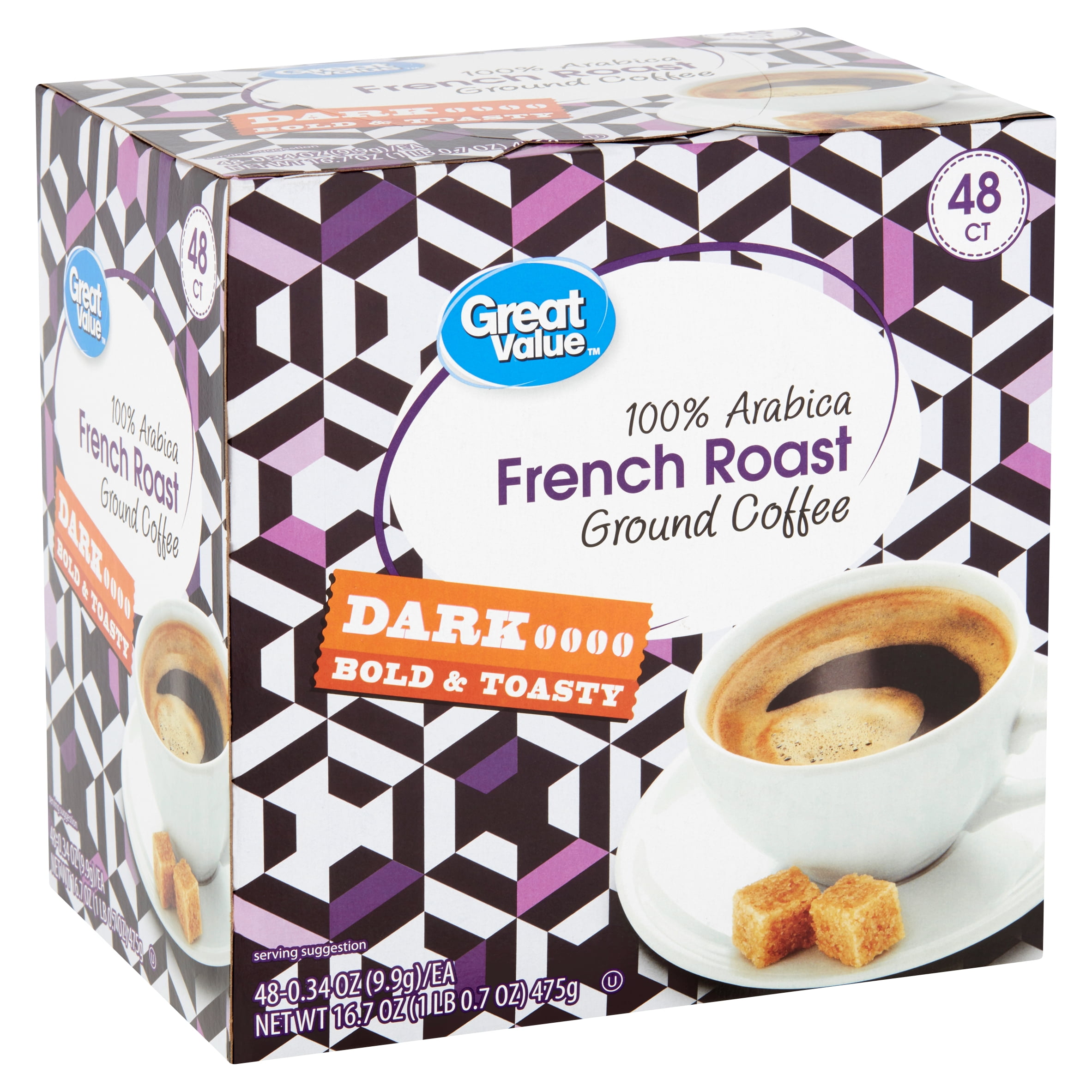 Great Value 100 Arabica French Roast Ground Coffee, 16.7 oz, 48 Count