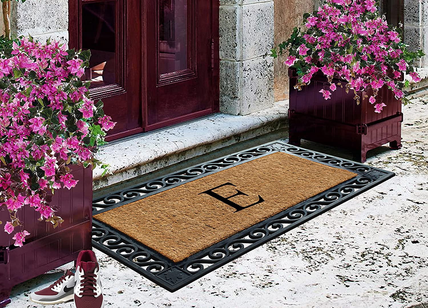 A1HC Natural Coir and Rubber Paisley border Monogrammed Doormat, Anti-Shed Treated Durable for Outdoor Entrance , 23"X38", Black