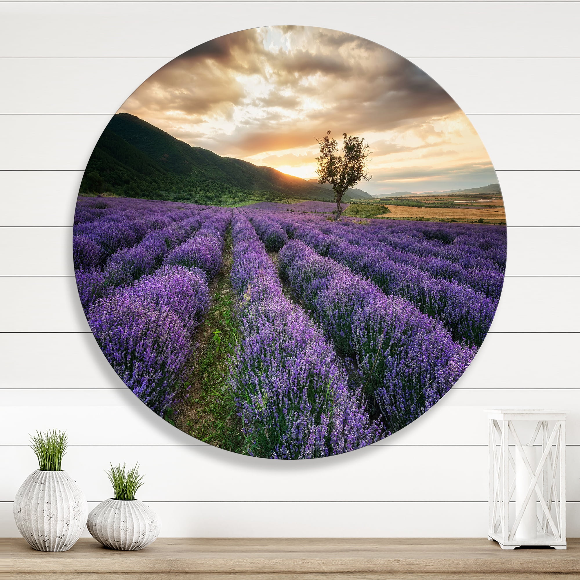 Designart 'Dramatic Clouds and Sunrise Over Lavender Field VII' Farmhouse Circle Metal Wall Art 11x11 - Disc of 11
