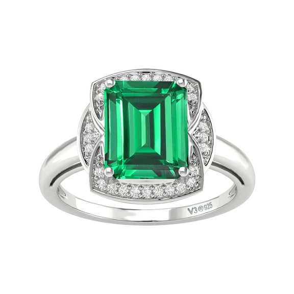 V3 Jewelry® 925 Sterling Silver with Emerald and White Topaz Halo Ring for Women