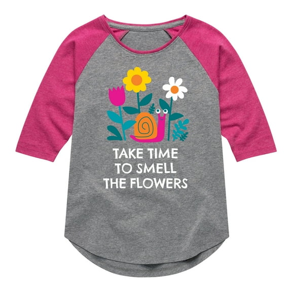 Instant Message - Smell The Flowers Snail - Toddler And Youth Girls Raglan Graphic T-Shirt
