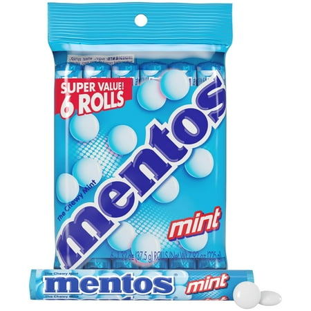 Mentos Chewy Breath Mints Candy Roll, Peppermint, Peanut Free, Regular Size, 1.32 oz, 6 Count
