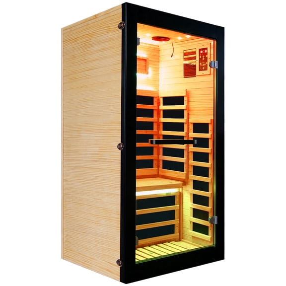 HOSUANA 1-Person Infrared Sauna, 1050W Chilean Pine Wood Indoor Sauna Room with Bluetooth Speakers & 7-Color Starry Sky Light