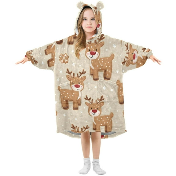 Reindeer and Gingerbread Christmas Flannel Wearable Blankets Hooded Design Long Sleeves Wrap Unisex for 3T-14Y S