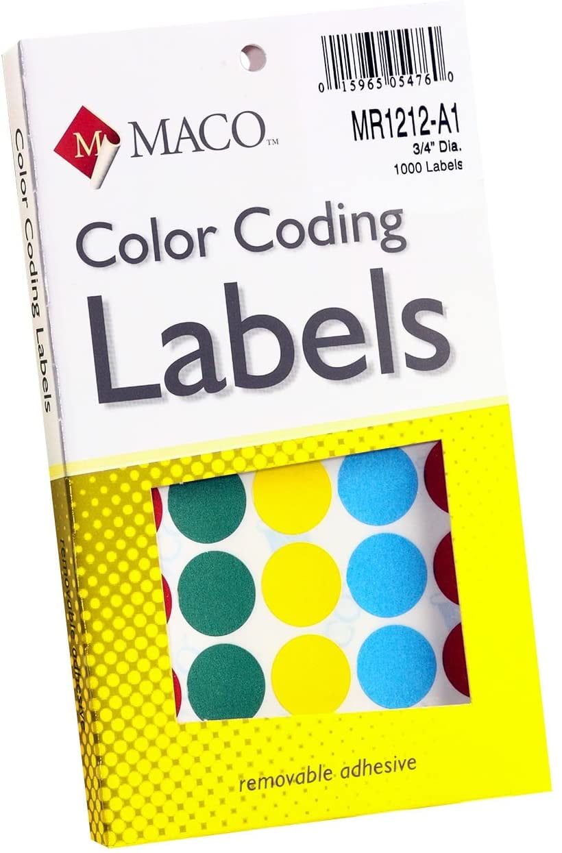 MACO Assorted Primary Round Color Coding Labels, 3/4 Inches in Diameter, 1000 Per Box (MR1212-A1 ...