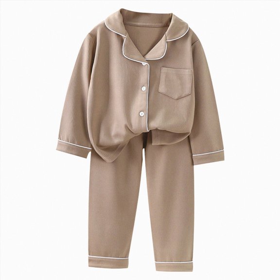 Xyant Teen Toddler Cotton Pajamas Set Boys Girls Long Sleeve Pajamas 2 Piece Button Down Shirt & Wide Leg Pants Ribbed Sleepwear (Brown,9-10 Years)