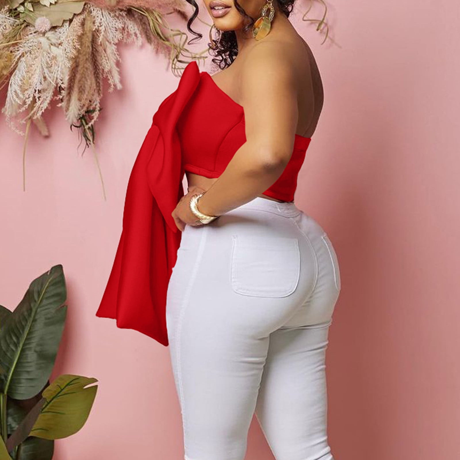 Women's Elegant Big Bow Tie Tube Tops Strapless Off Shoulder Sexy Backless Solid Tank Crop Shirts