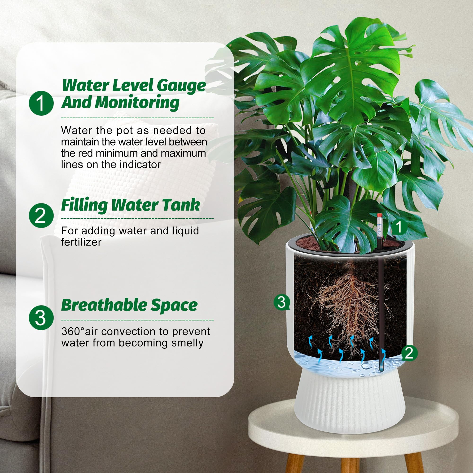 Kojooin 14.2" Planters Set of 2 – Self Watering Flower Pots with Drainage Holes & Water Level Monitor for Patio, Home, Office, Porch, Living Room