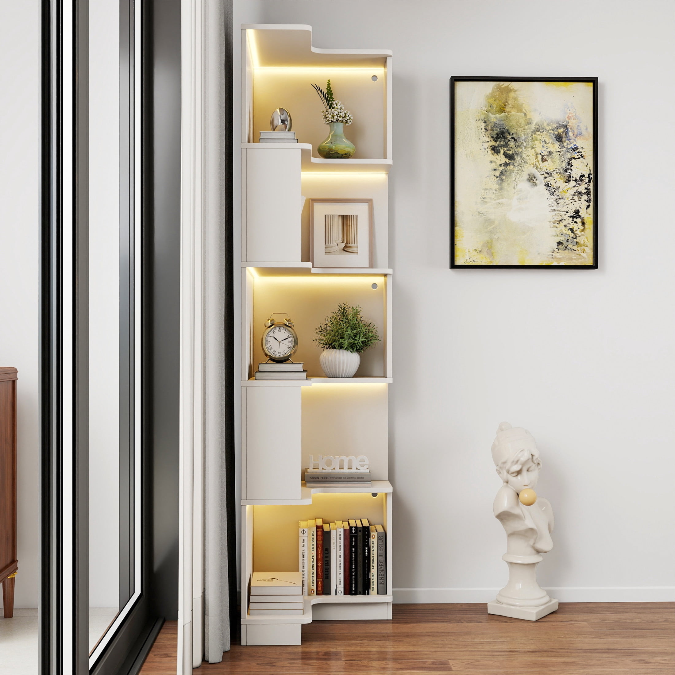Noble House 68.9" Corner Bookshelf, 5-Tier L-Shaped Bookcase with Baffle & LED Lights, Space-Saving Design, White