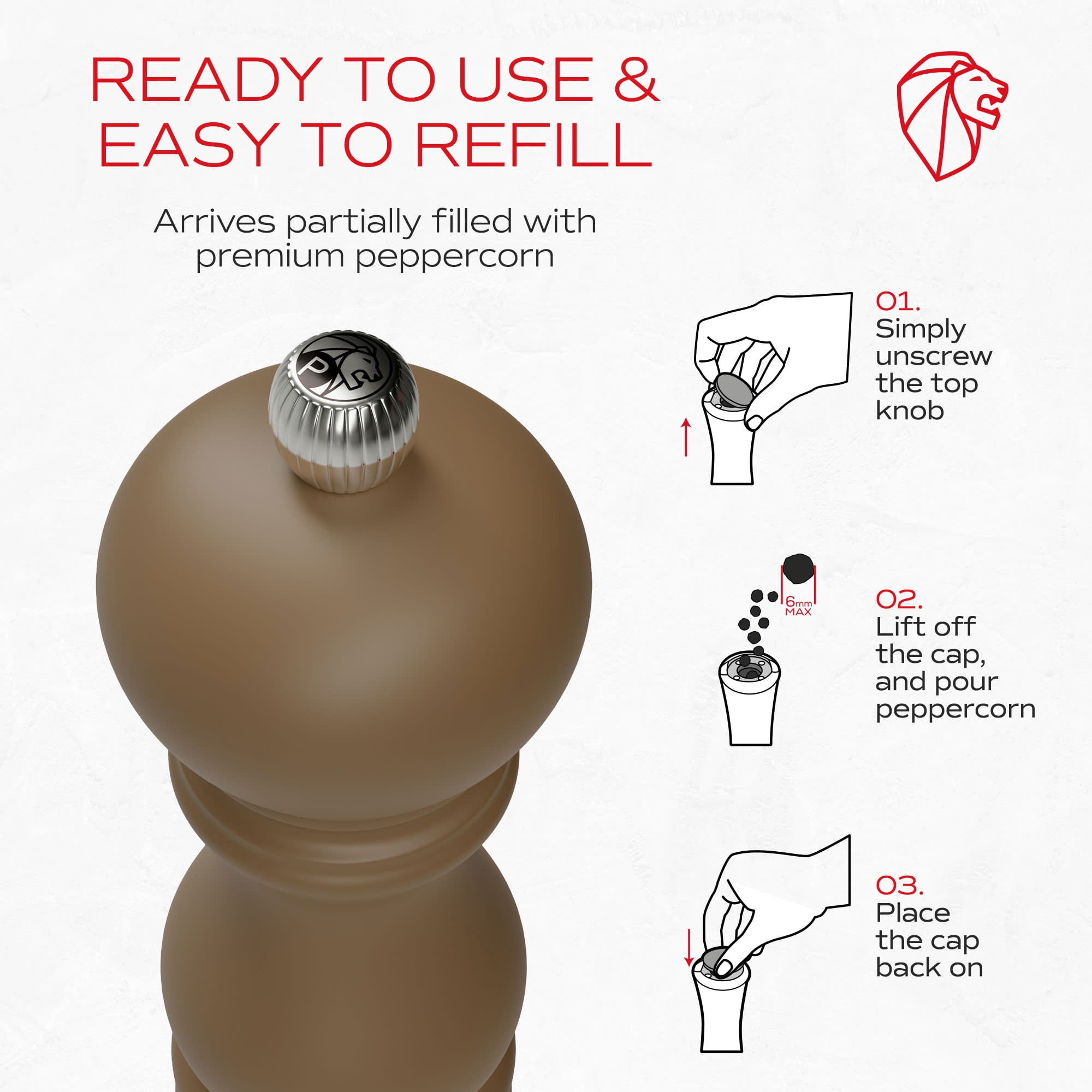 Peugeot Paris u'Select 7-inch Pepper Mill - Manual Rock Pepper Mill with Adjustable Precision Grinding, Stainless Steel & Beechwood, Sustainable & Elegant Kitchen Tool (Mocha)