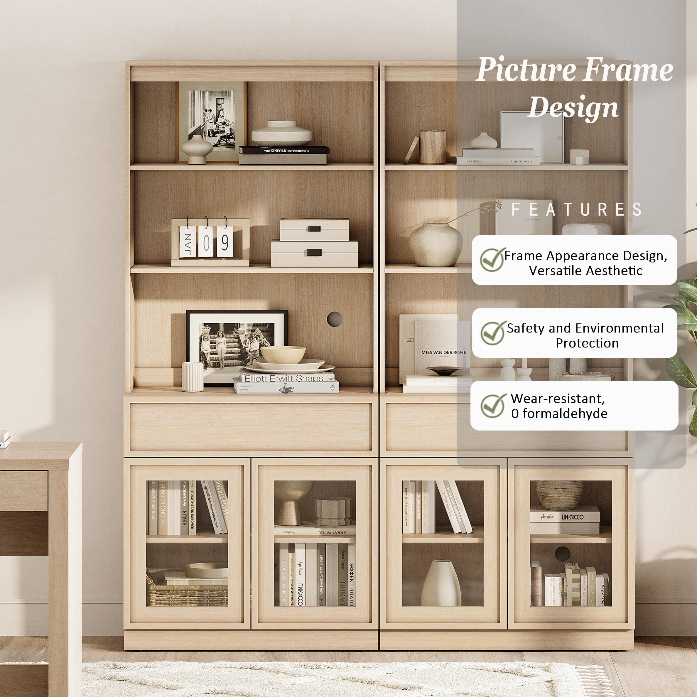 Modern 72" Tall Bookshelf with Glass Doors & Drawers, Library Bookcase with Storage Cabinet and Open Shelves,Beige
