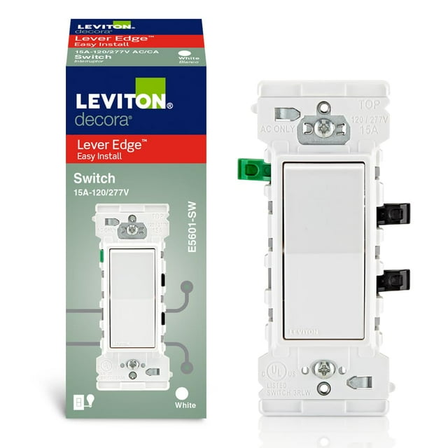 Interruptor Leviton Lever Edge de 15 amperios unipolar E5601-SW, color blanco