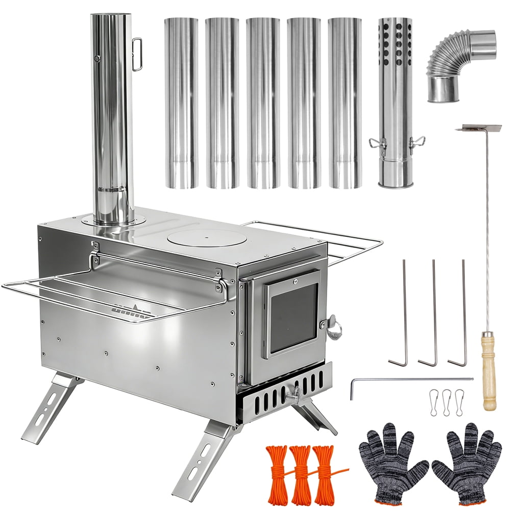 Unho Stainless Steel Wood Stove Wood Burning Stove with Elbow Pipe for Heating Camping Hiking Fishing Cooking