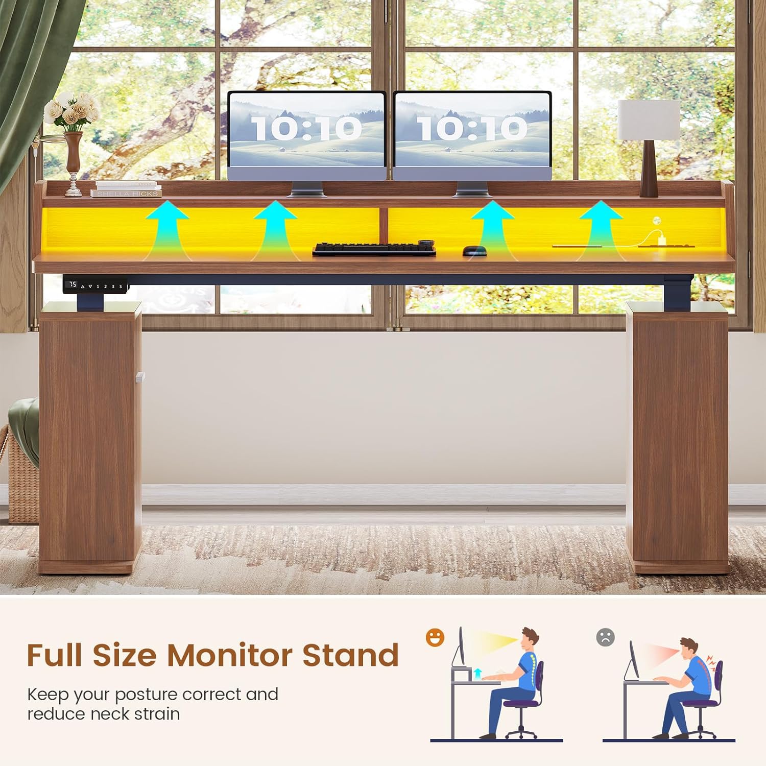 SEDETA Farmhouse Standing Desk with Storage, 55" Stand Up Home Office Desk with Power Outlets & LED Lights, Fluted Design Computer Desk, Height Adjustable Table with Monitor Stand, Brown