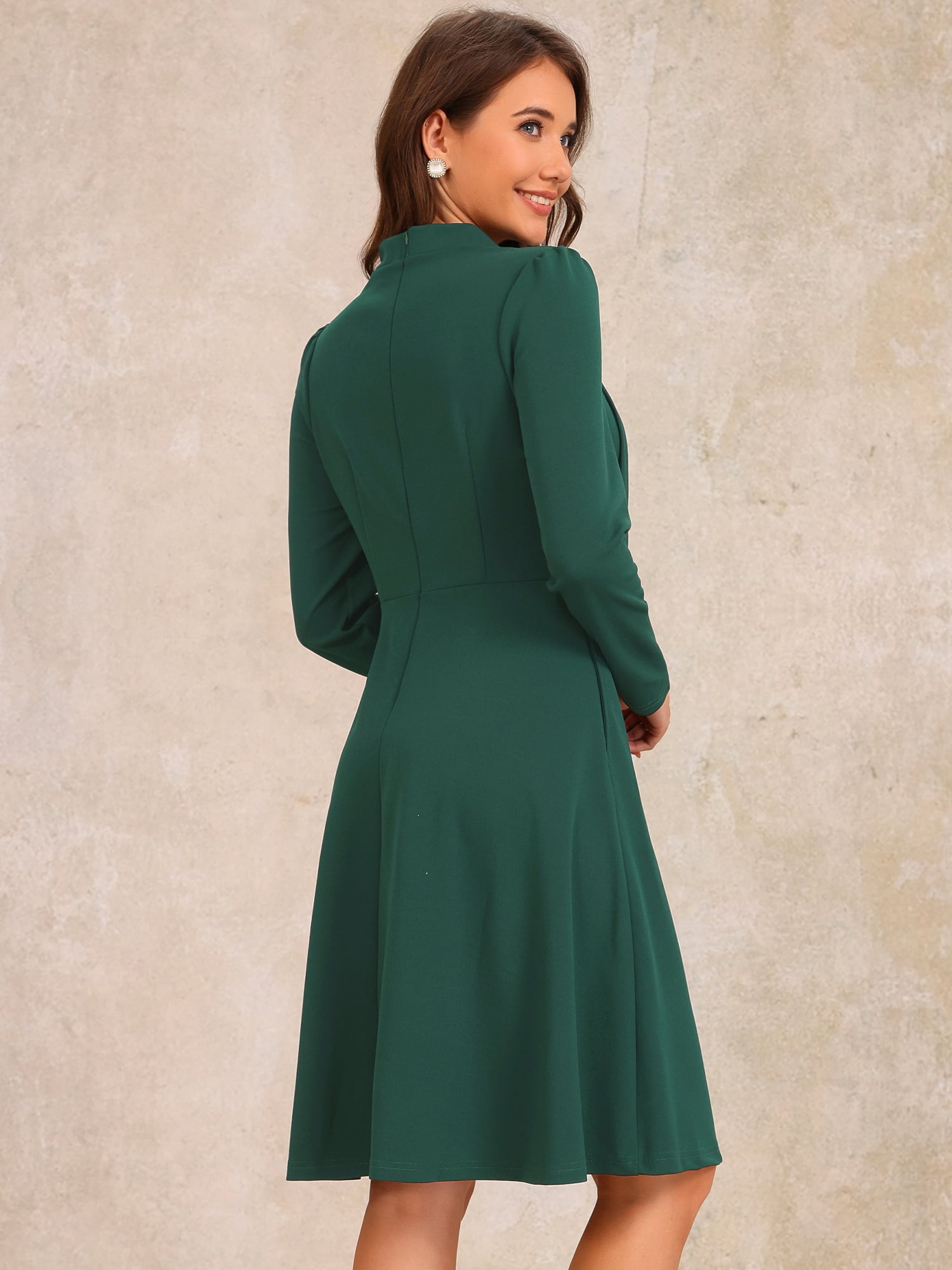DARING DIVA Collar Tie Mock Neck a Line Elegant Midi Dress L Dark Green