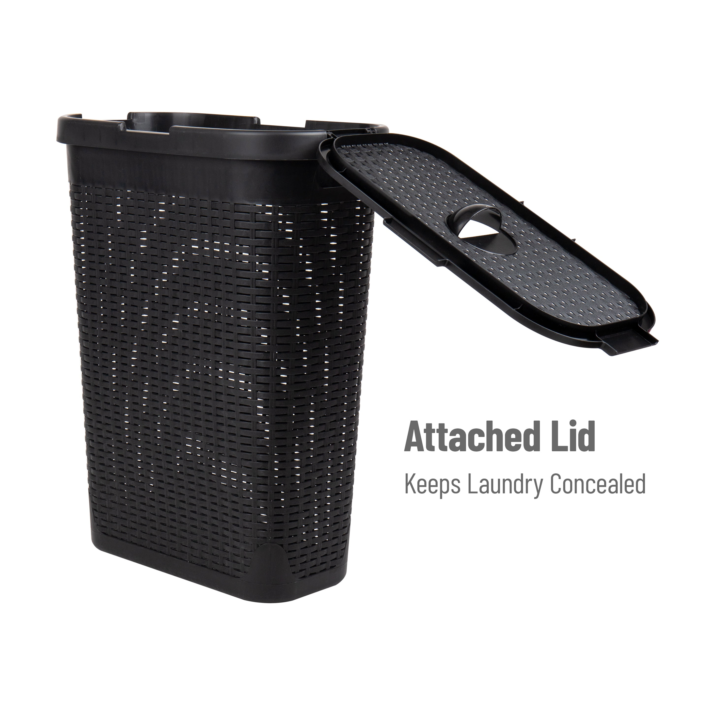 Mind Reader 40L Slim Laundry Hamper, Clothes Basket, Lid, Wicker Design, Plastic, 18"L x 10.4"W x 23.5"H, Set of 3, Black
