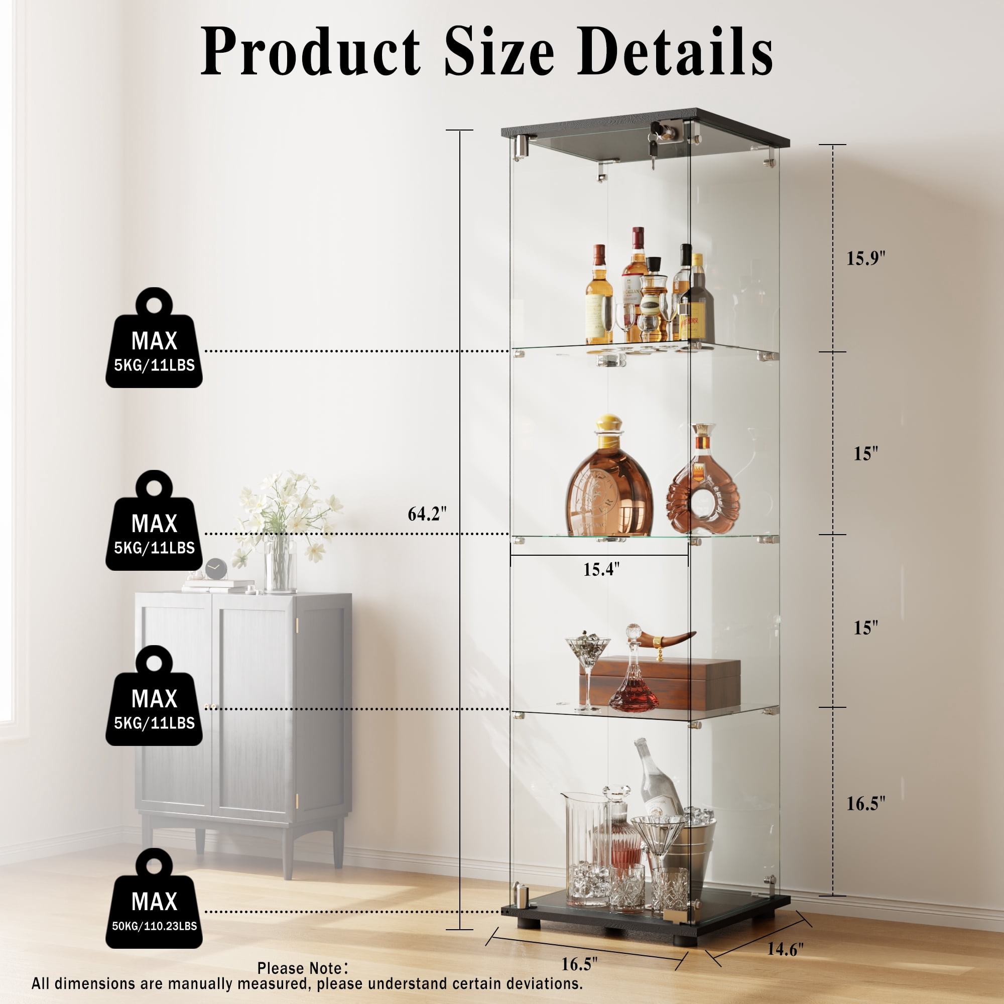 BEAUTYPEAK 64" Display Cabinet with Glass Doors,4-Tier Single-Door Curio Cases with Black Panels