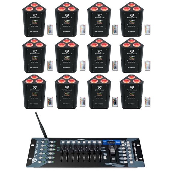 12 Rockville RF WEDGE BLACK RGBWA UV Battery Wireless DMX Up Lights Controller