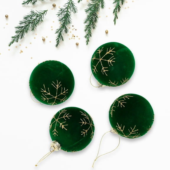 Northlight Velvet Glass Christmas Ball Ornaments with Gold Snowflakes - 3" (75mm) - Green - 4ct