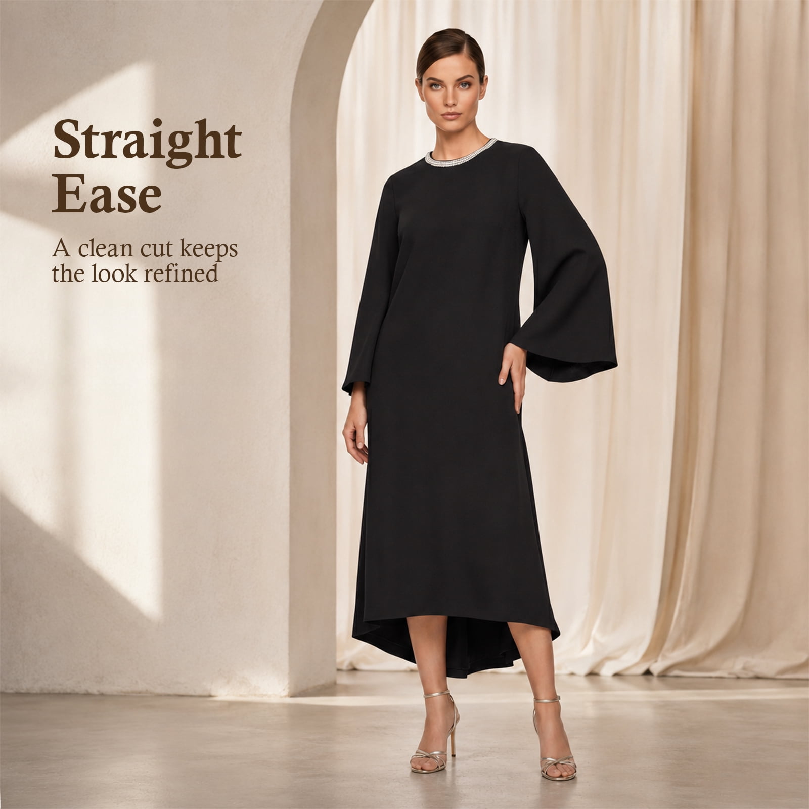 Alvantor Women's Cape Sleeve Midi Dress with Trimmed Neckline, Black