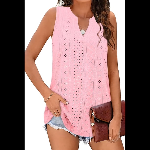 Camiseta Sin Mangas Holgada para Mujer, Sin Mangas, con Cuello en V, Elegante, Informal, con Ojales, Blusa de Verano Rosa XL
