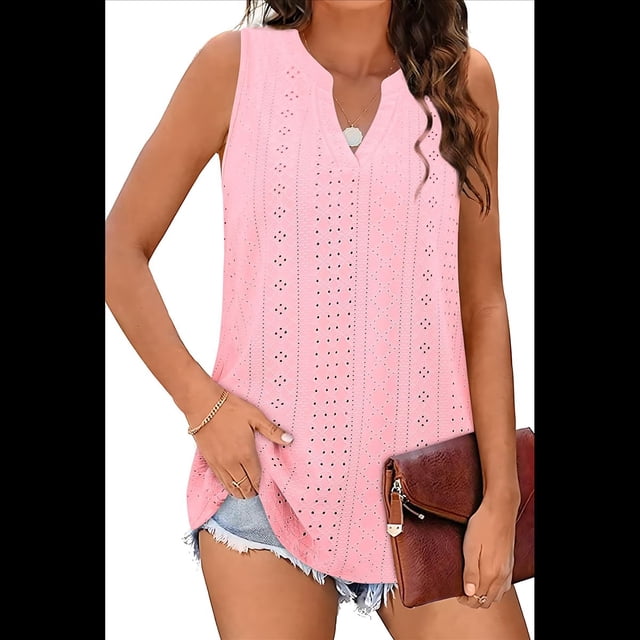 Camiseta Sin Mangas Holgada para Mujer, Sin Mangas, con Cuello en V, Elegante, Informal, con Ojales, Blusa de Verano Rosa XL