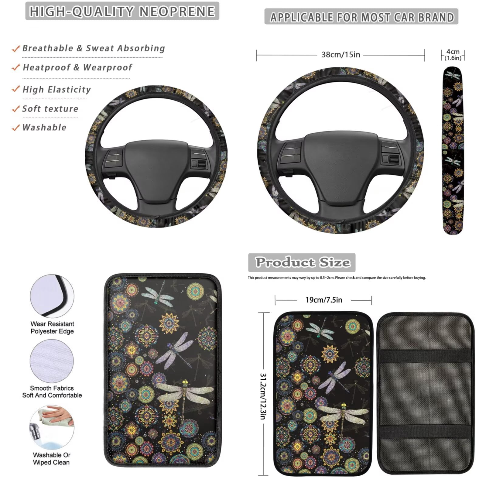 Garronmavis Dragonfly Car Front Rear Seat Covers 13pcs Auto Accessories Steering Wheel Cover,Key Chain,Chapstick,Car Coasters,Seat Belt Pads,Armrest Pad