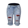 thumbnail image 3 of Pantalones cortos de verano de talle medio para mujer, pantalones cortos desgastados con cremallera y botones elásticos informales a la moda con bolsillos, 3 of 5