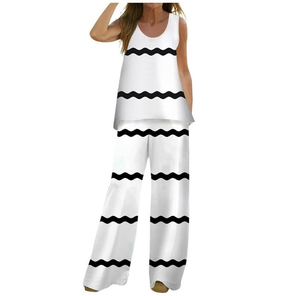 Wyzesi White Shorts Suit Women Soccer Women's Fashion Two Piece Bohemian Casual Print Tank Top Sleeveless Top Loose Wide Leg Pants Long Pants Two Piece Set 10 Cropped Sweatsuit Set for Women