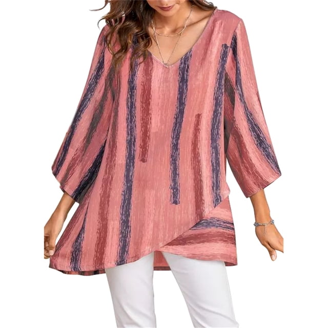 Qarigey Camiseta de mujer Blusa suelta de manga larga Top de rayas con cuello en V de otoño Prendas para la parte del cuerpo Rojo L