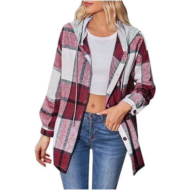 AherBiu Long Sleeve Shirts for Women Plaid Hoodie Button down Tops Blouse Spring Fall Clothes