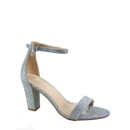 Rise-7 Women s Open Toe Ankle Strap Buckle Chunky High Heels Sandals Shoes ( Silver  9 )