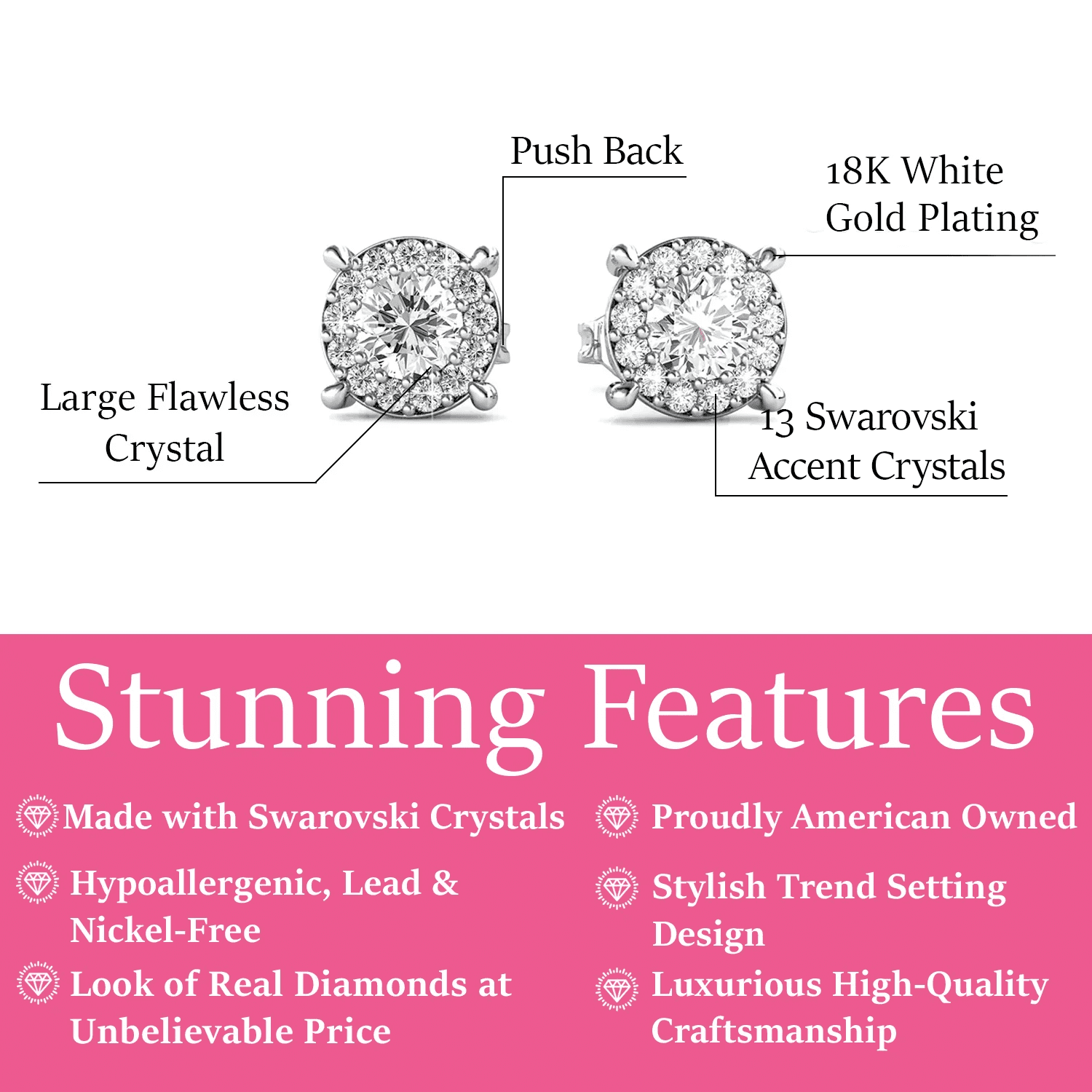 Cate & Chloe Raylee 18k White Gold Plated Halo Stud Earrings with Swarovski Crystals Gift for Women