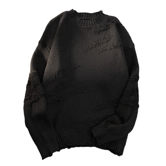 comerut Men Fall Winter Sweater Round Neck Ripped Solid Color Knitted Thick Long Sleeve Pullover High Street Hip Hop Warm Elastic Soft Vintage Sweater