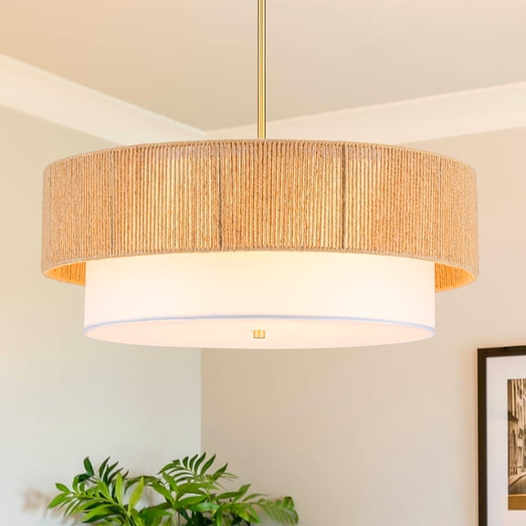 Bohemian Rattan Farmhouse Chandelier 3-Light Dimmable 18 Inch