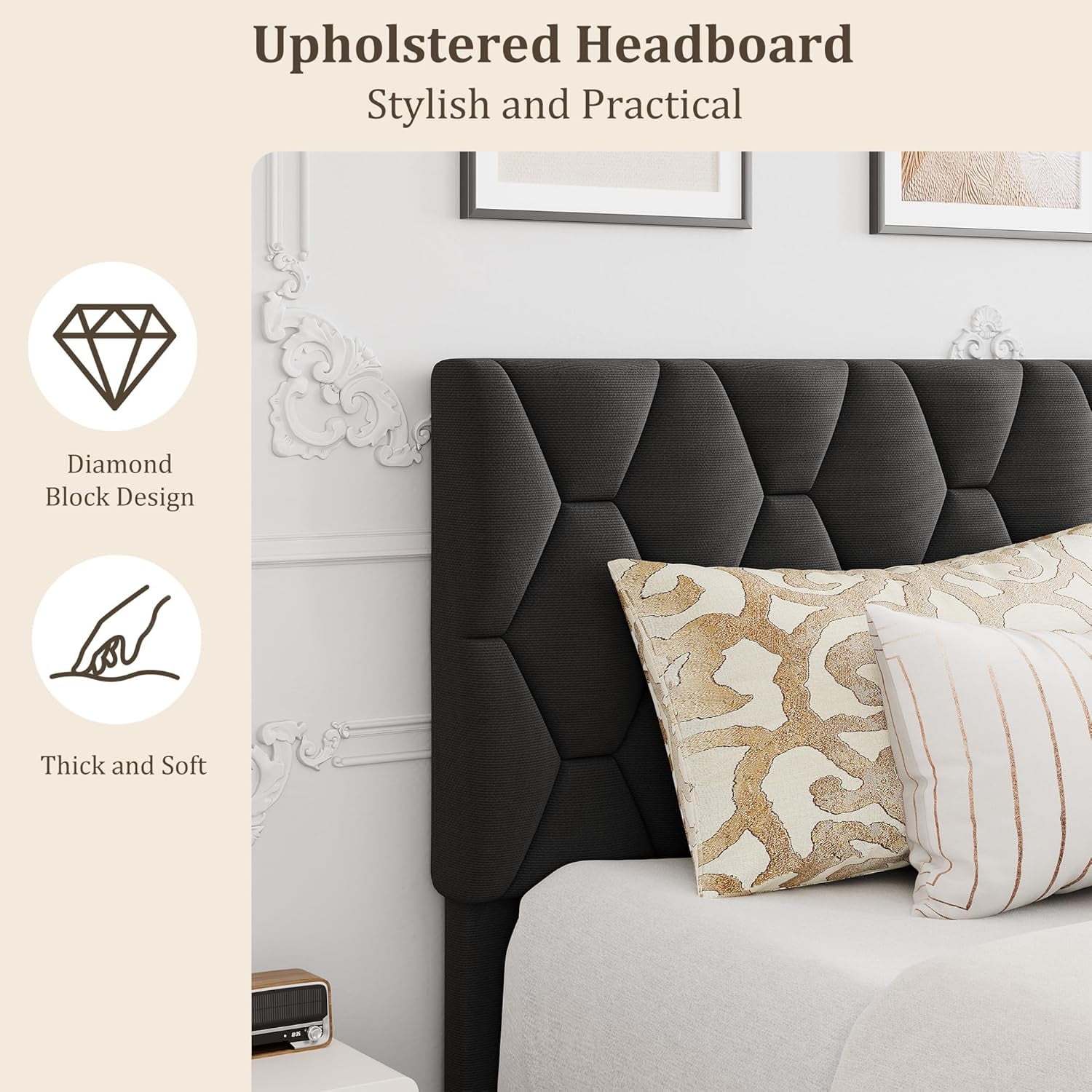 IDEALHOUSE Grey Queen Bed Frame with Upholstered Headboard, Heavy-Duty Platform Bed Frame with Strong Wood Slats, No Box Spring Needed/Easy Assembly/Noise Free