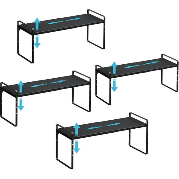 15.5 to 25.5 Inch Kitchen Cabinet Shelf Organizers, Adjustable Kitchen Counter Shelf Organizer, Set of 4 Expandable Countertop Storage Shelves, Stackable Design, 30LBS Heavy Duty, Space Saver